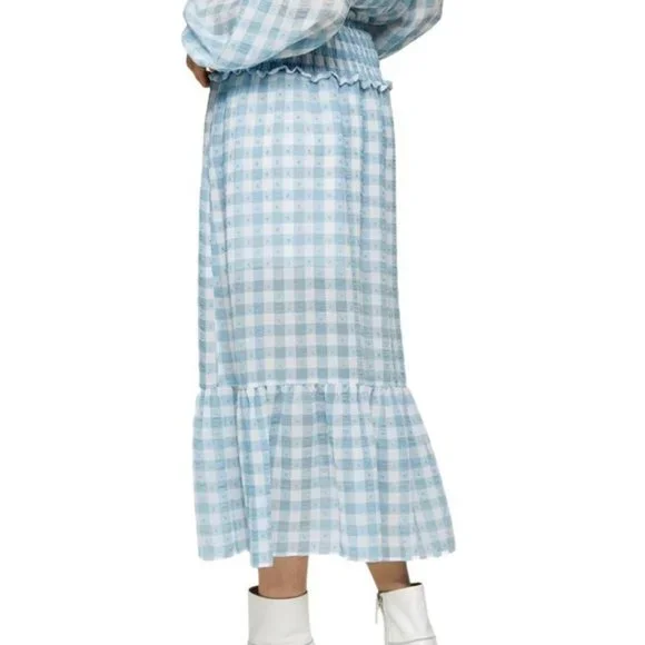 Topshop Blue Gingham Smocked Tiered Midi Skirt 6 - Picture 3 of 11